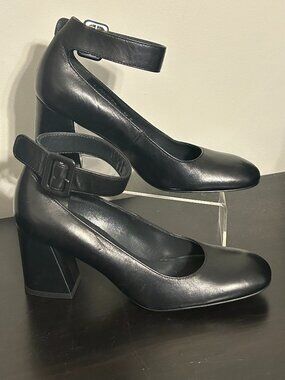 Stuart Weitzman Clarisa Sz 5.5 Black Leather Ankle Strap Block Heels Shoes NEW